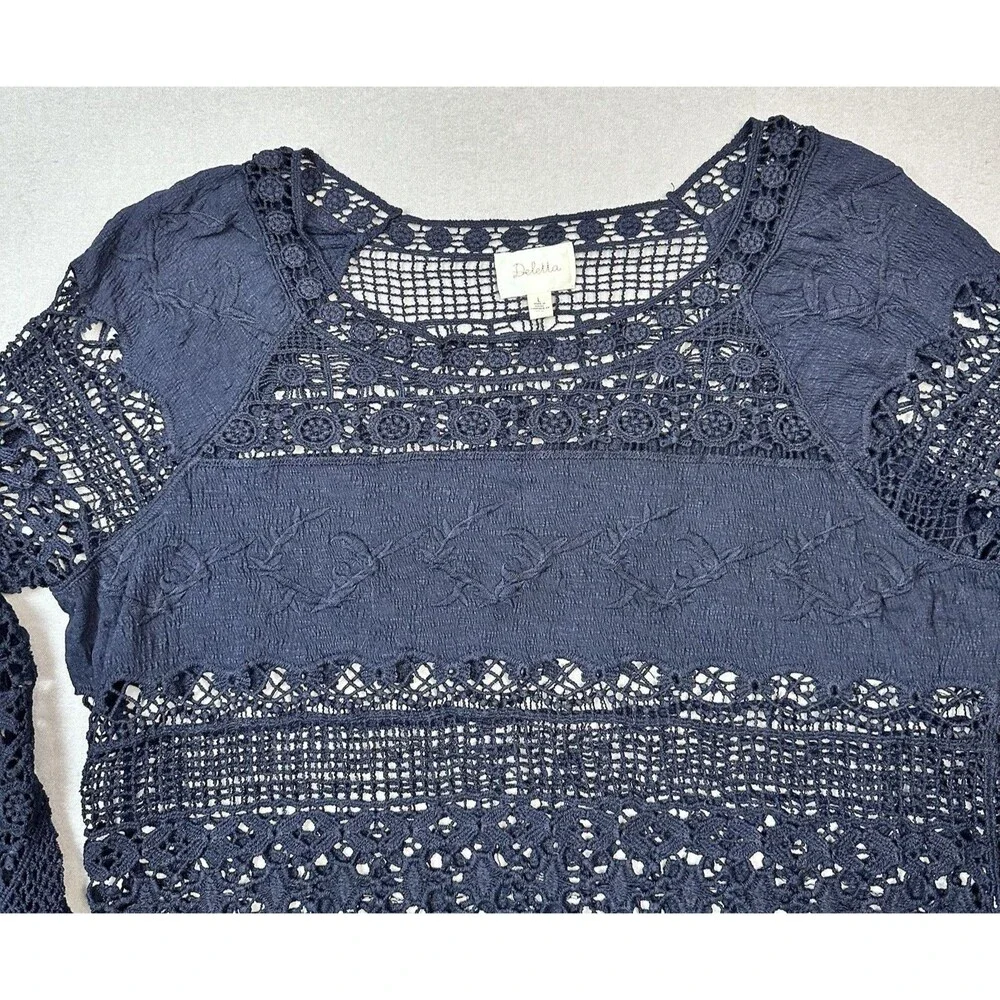 Anthropologie Deletta Crochet Lace Top Navy Blue Sz L Witchy Boho Coquette